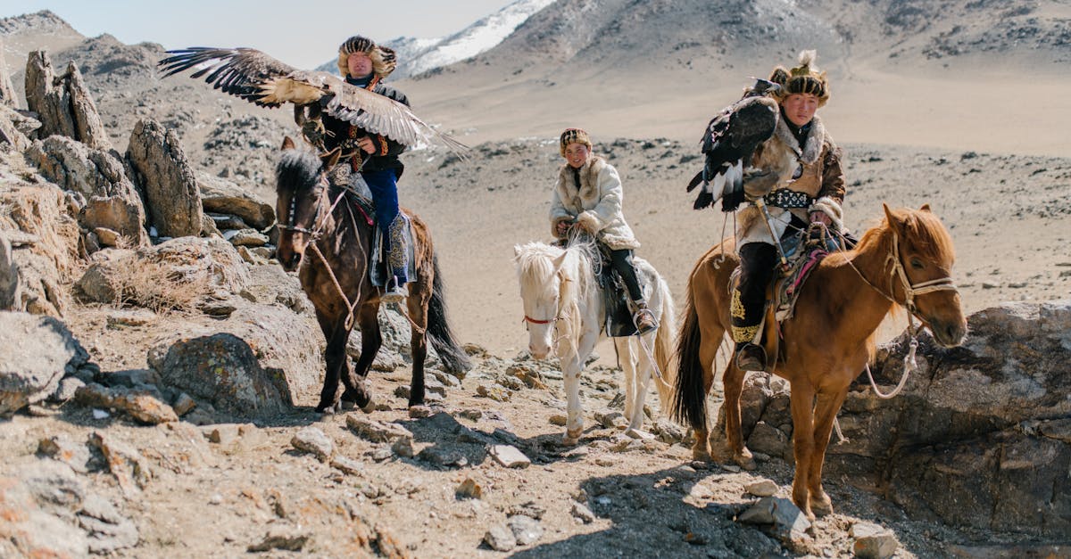 Full body Mongolian horsemen wearing traditional local clothes carrying eagles on hands and riding horses along spacious rocky terrain during eagle hunting