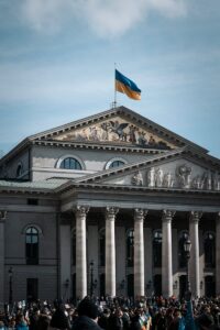 Ukrainian Flag Flying above National Theatre in Munich, Germany during Protest