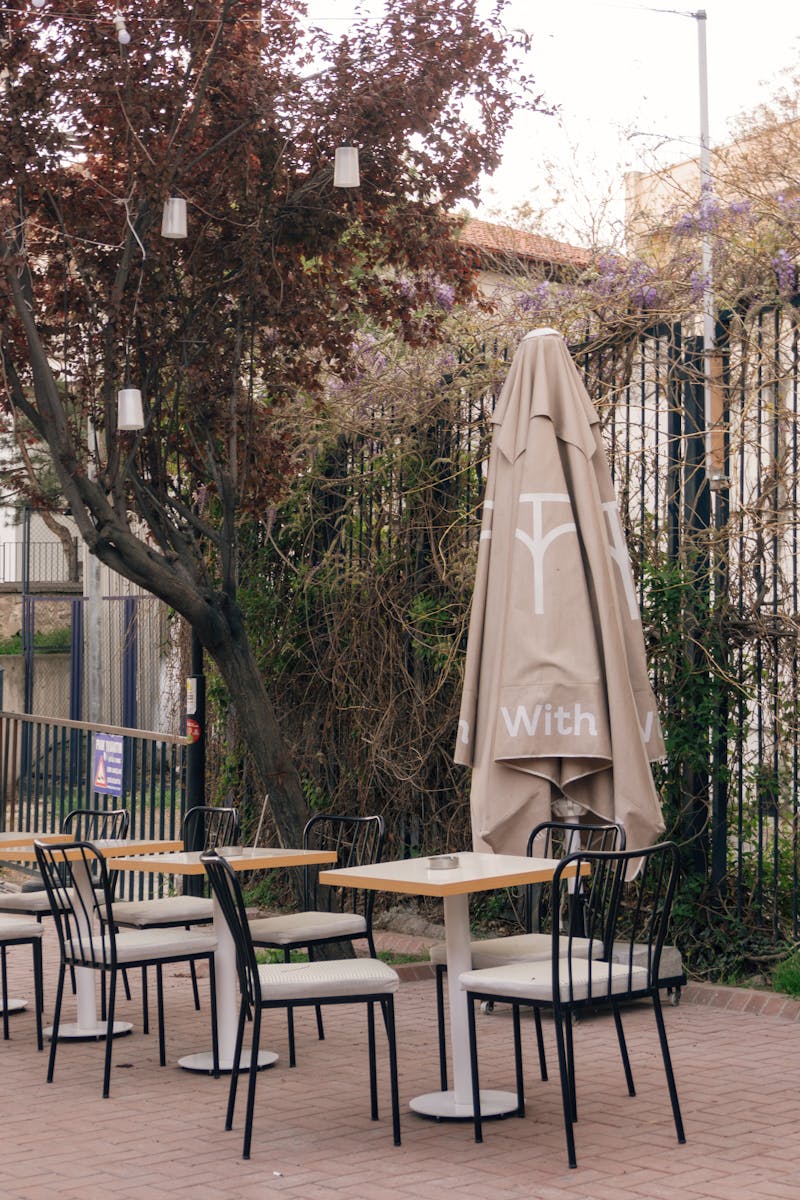 A table and chairs outside a restaurant